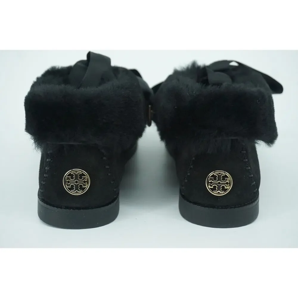 Tory Burch Aberdeen Genuine Rabbit Fur Trim Slipper Bootie Size 6 NIB Black Bow